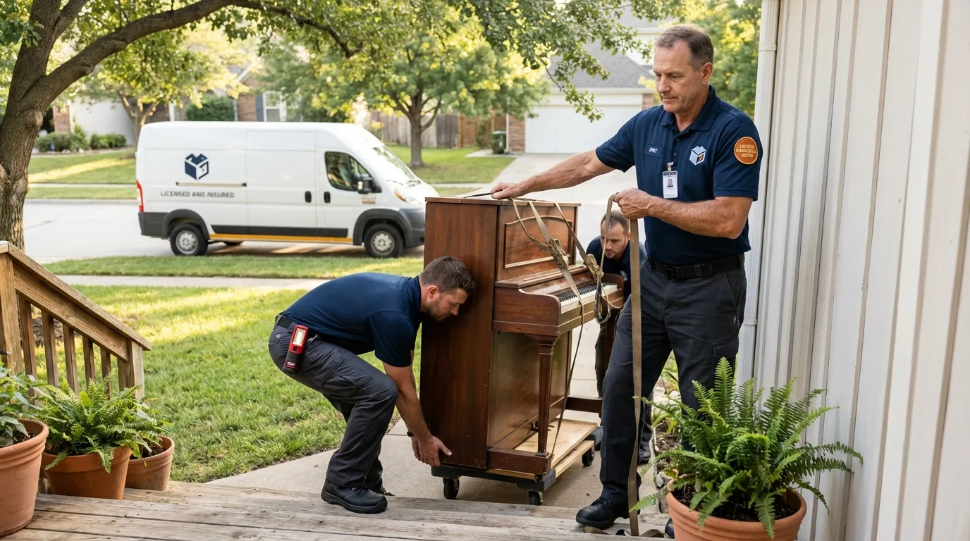 Licensed piano movers securing grand piano in Taylors Falls, MN