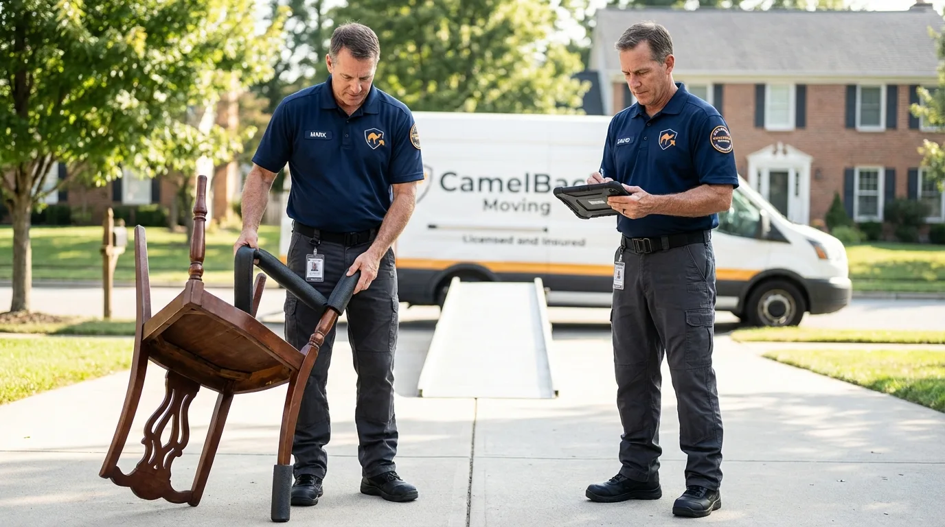 Movers inspecting furniture for damage prevention before loading in Taylors Falls, MN