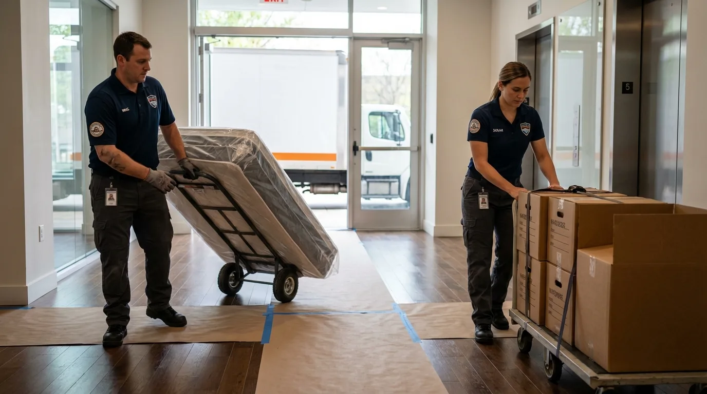 Professional apartment movers loading elevator in Taylors Falls, MN