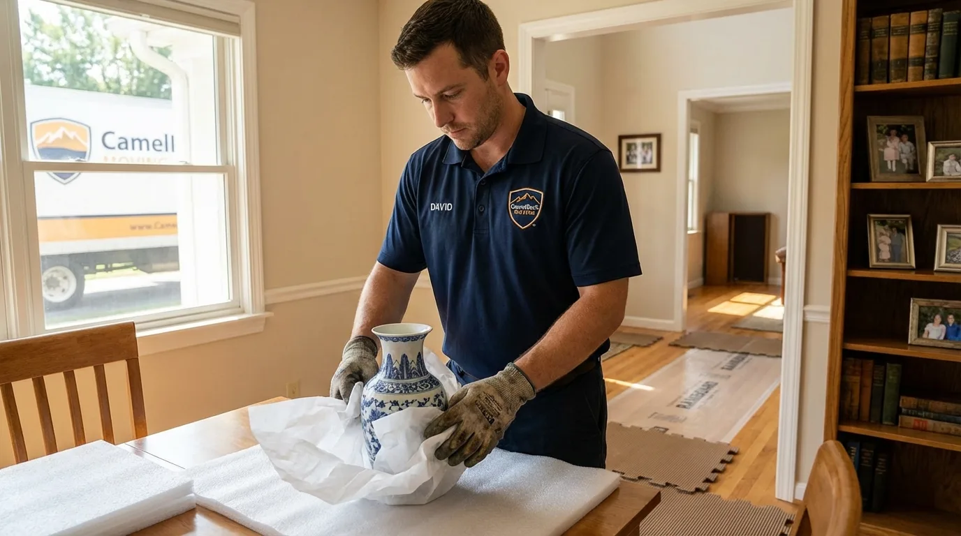 Professional crew carefully wrapping antique vase for senior downsizing move in Taylors Falls, MN
